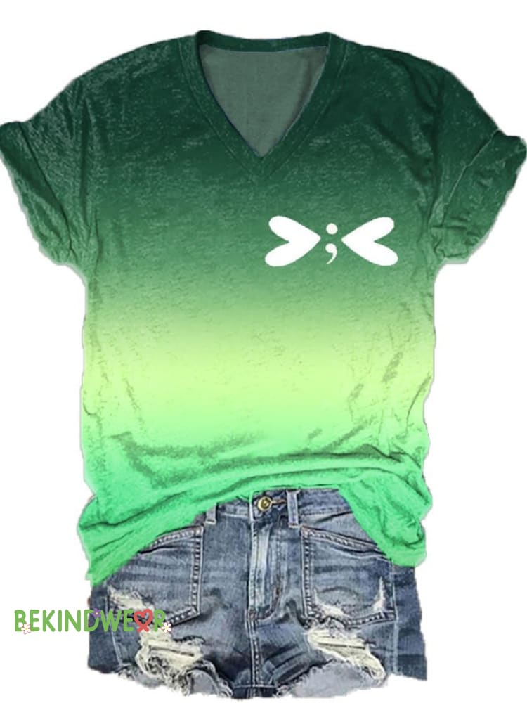 Women&rsquo;s Cute Mental Health Awareness Printed V-Neck T-Shirt Green / S