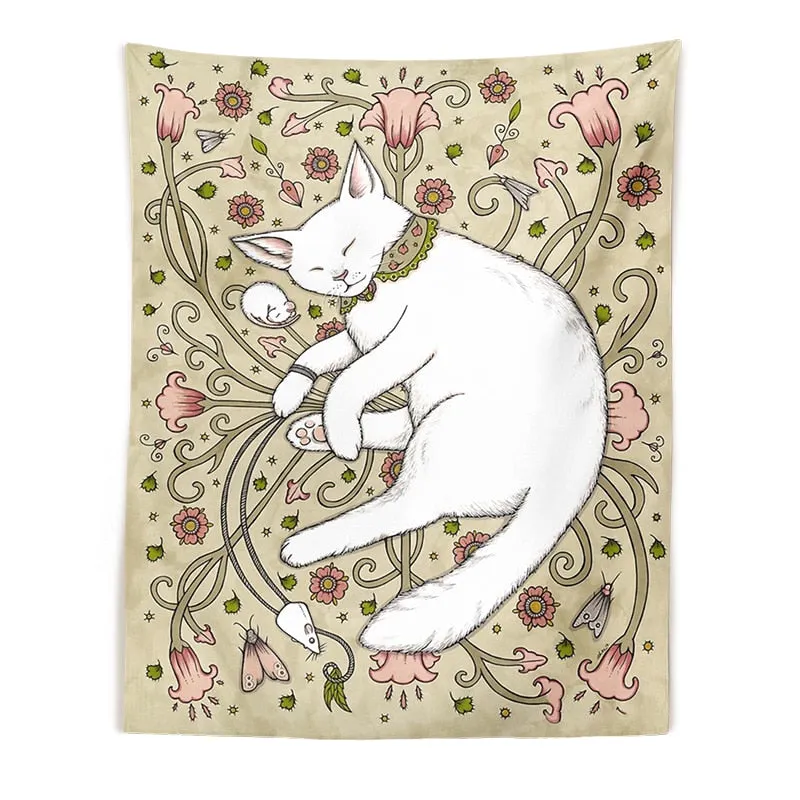 Cat Tapestry Botanical Flower Wall Hanging Cute cat Living Room Bedroom Home Decor Tapestry Art Wall Decoration Tapestries Art