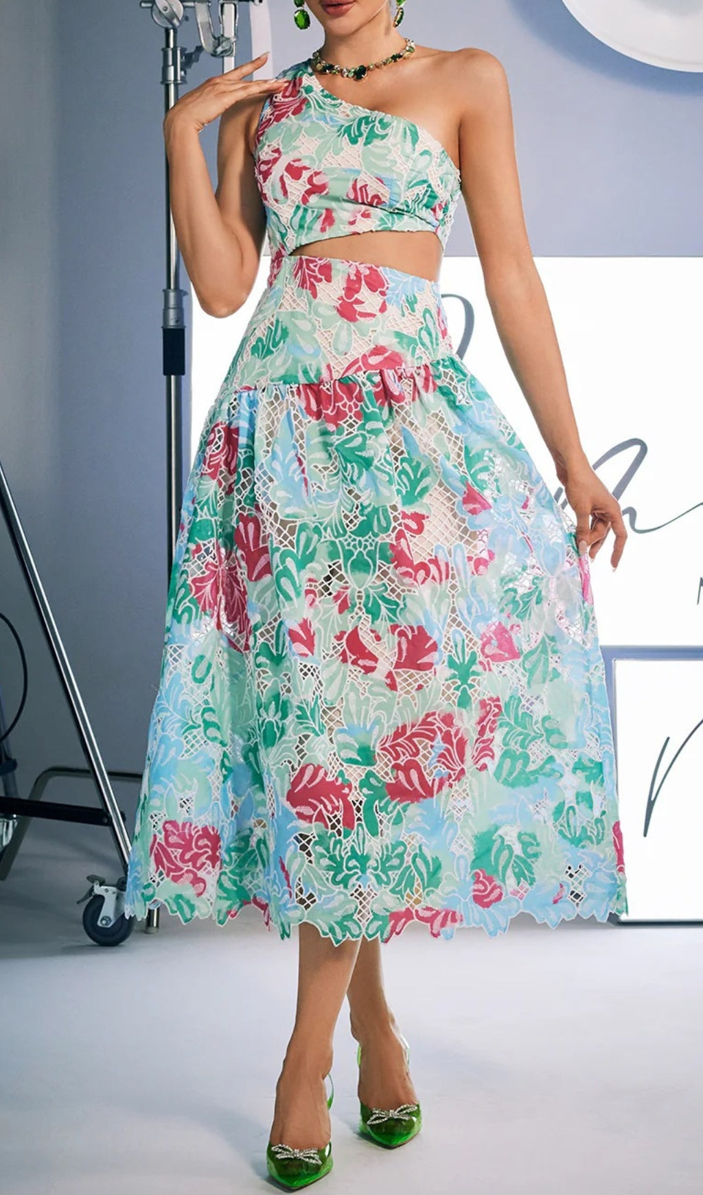 Azha One Shoulder Print Embroidered Dress Flowering Girl