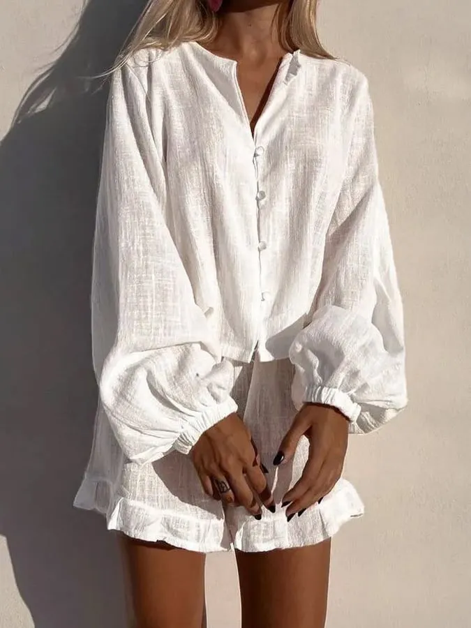 Cotton Long Sleeve Solid Shirt and Ruffled Short Pants