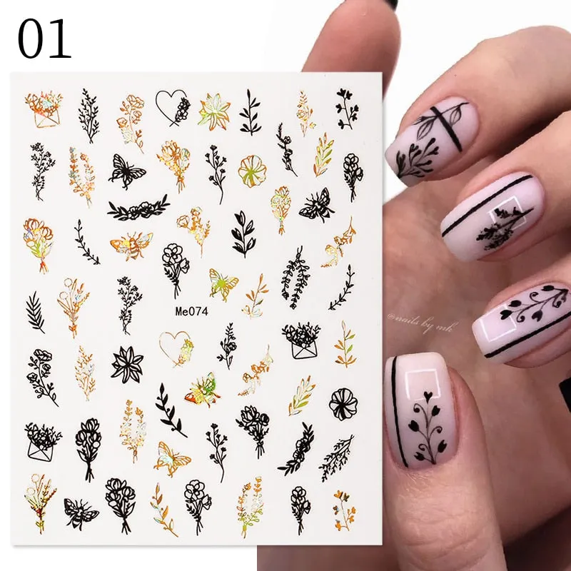 1 Pc 3D Nail Stickers Leaves Sliders for Nails Gold White Bronzing Flowers Gradient Adhesive Sticker Nail Design Art Decorations-Nail Inspo