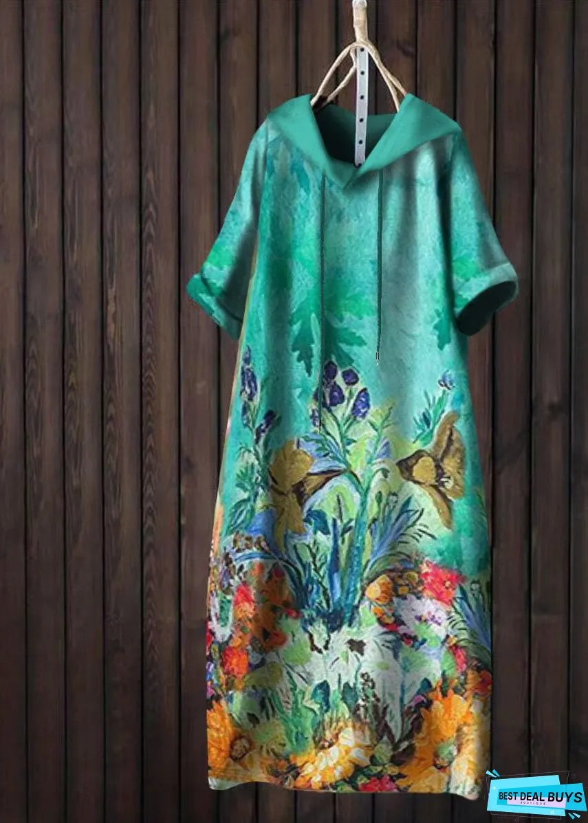 Women Yellow Hooded Print Patchwork Cotton T Shirt Dress Summer