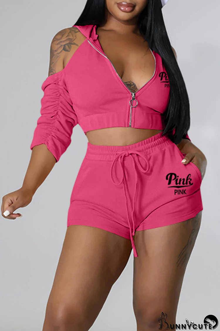 Rose Red Sexy Print Patchwork Hooded Collar Three Quarter Two Pieces