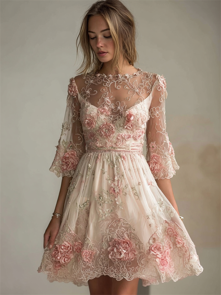 Classy Pink Roses Lace Flowy Mini Dress elevenforest