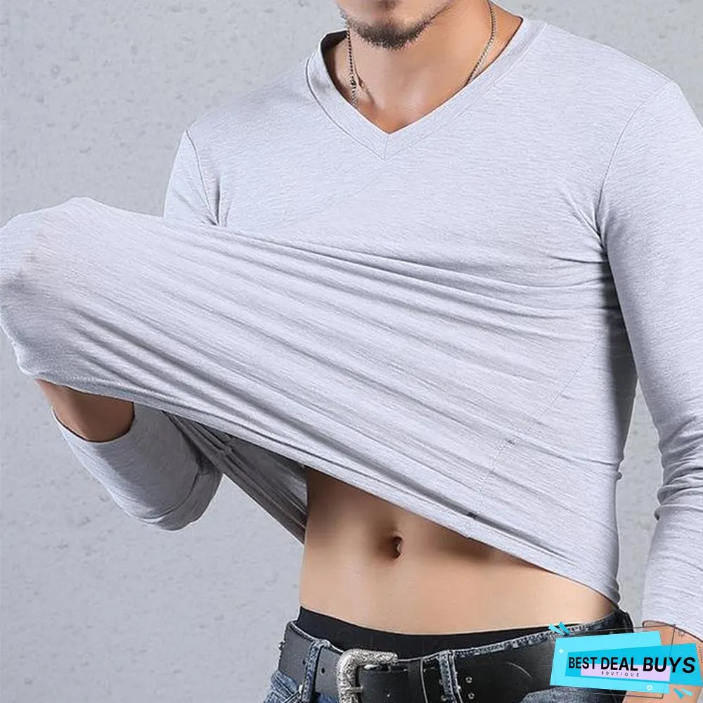 Tight Men T-Shirt Plus Size V-Neck Long Sleeve T-Shirt Men Fitness Clothing Slim Fit Fashion T-Shirt Men