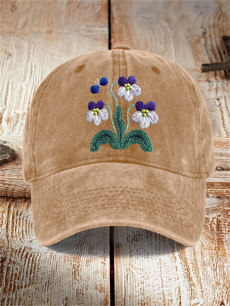 Floral Embroidery Pattern Washed Hat  artssus