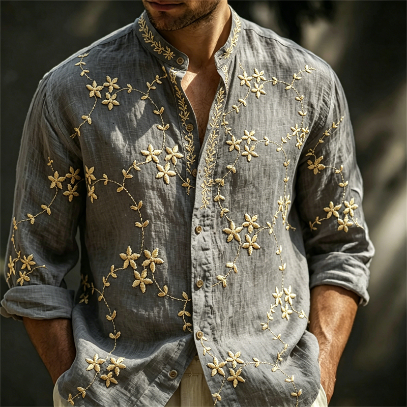 Comstylish Men's Boho Forest Floral Vines Linen Shirt
