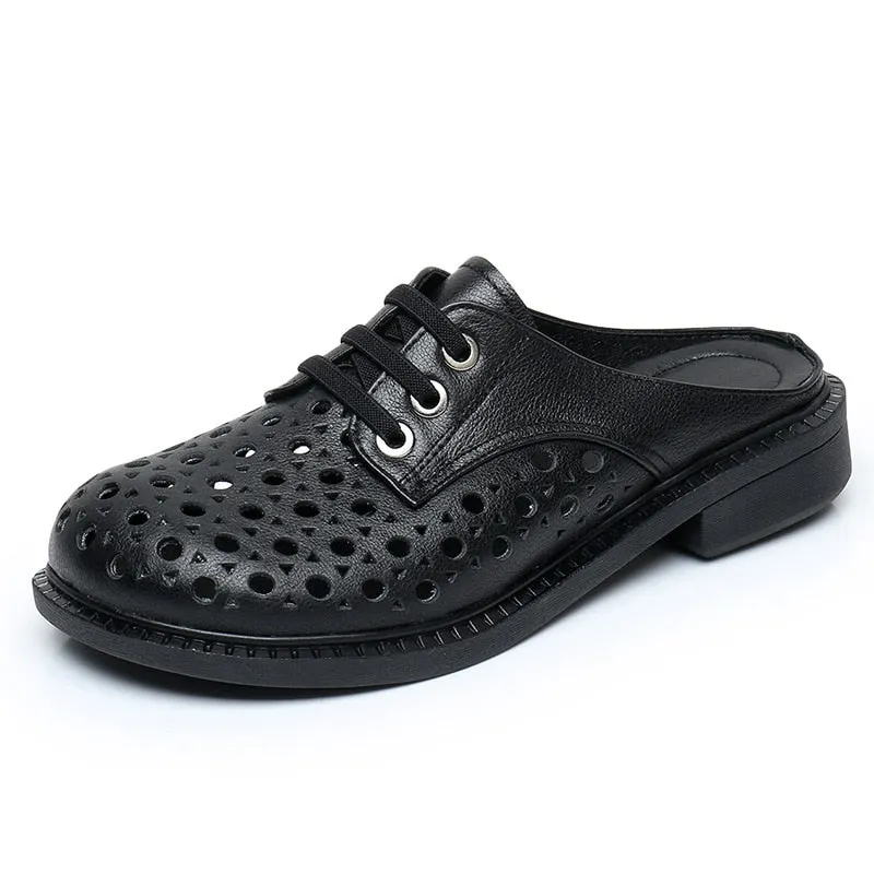 GKTINOO 2022 New Summer Round Toe Hollow Genuine Leather Slippers Casual Sandals Low Heel Shoe Slippers Women Sandals Large Size