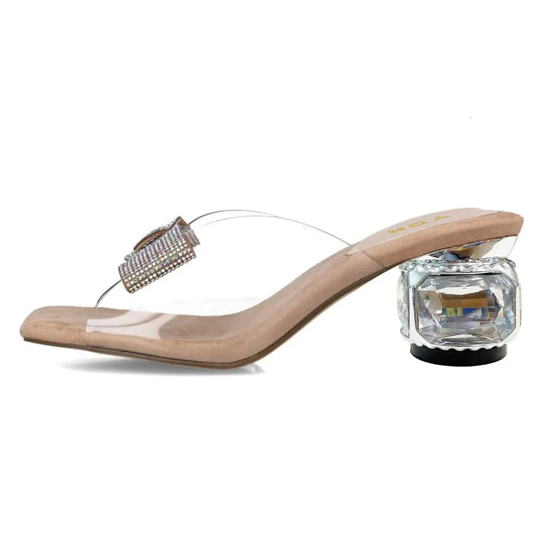 Nude Square Toe PVC Clear Heel Mules Sandals with Rhinestone Bow