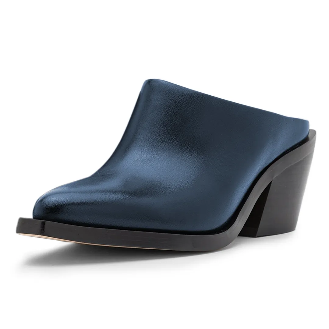 Classic Vegan Leather Snip Toe Block Heel Formal Mules in Dark Blue