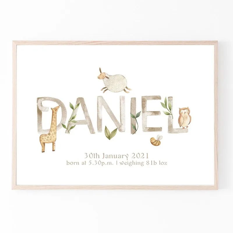 Personalized Poster Baby Name Custom Canvas Painting Nursery Print Pictures Newborn date of birth Wall Art for Baby Rooms Decor