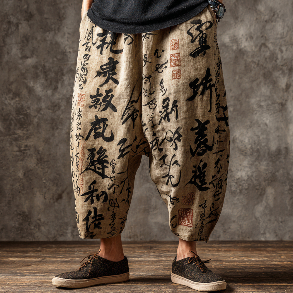 Japanese Zen Calligraphy Men's Linen Pants