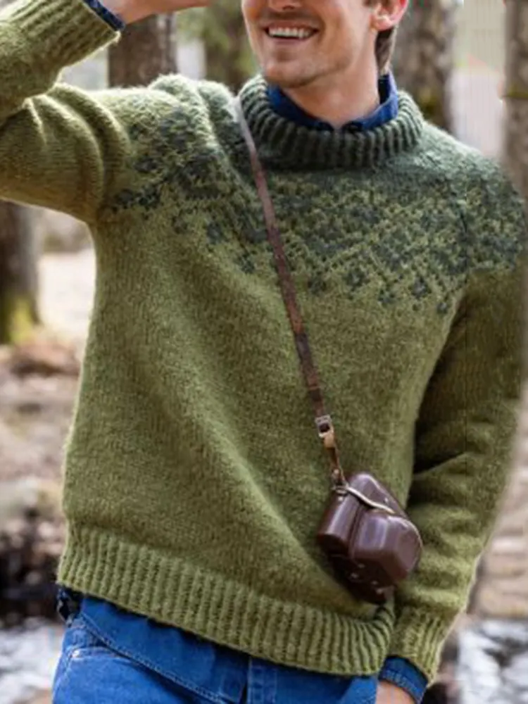 Vintage Knit Jacquard Icelandic Crew Neck Sweater（Unisex）