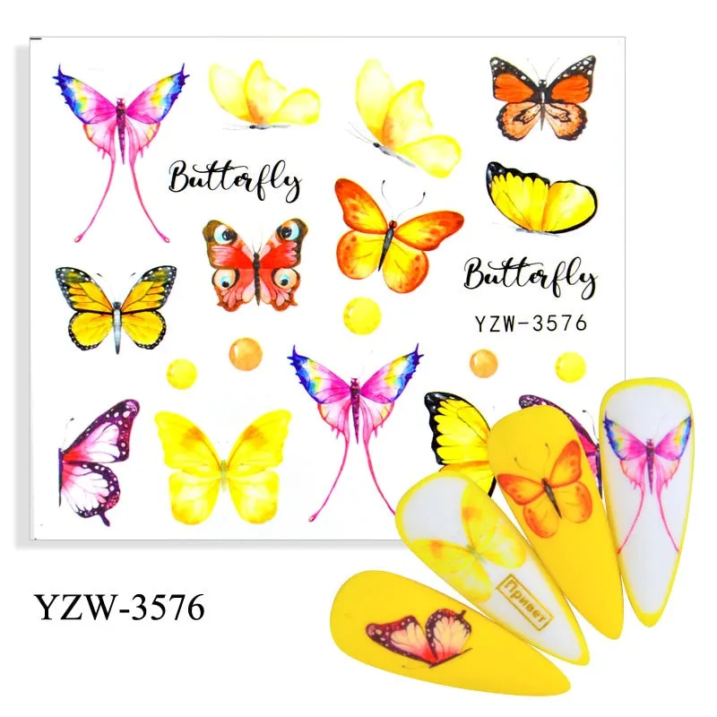 1pc Holographic Blue Nail Stickers Pink Colorful Butterfly Art Sticker With Adhesive DIY Extension Flowers Rose Nail Decoration-Nail Inspo