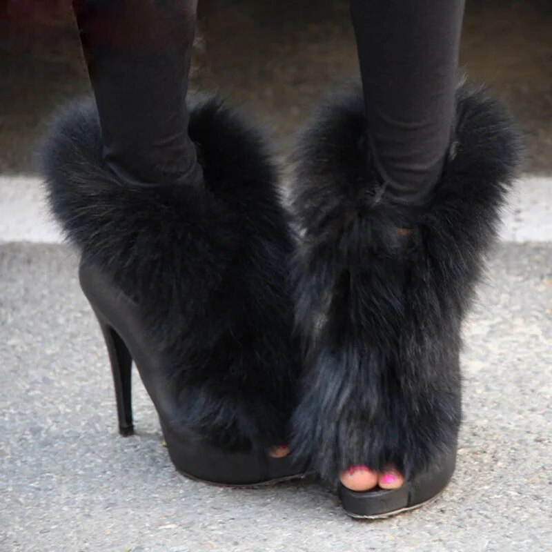 VCSHOES Ladies Peep Toe Real Fox Fur Wrapped Ankle Boots Platform Thin High Heels Fur Boots Women Street Runway Short Bottines