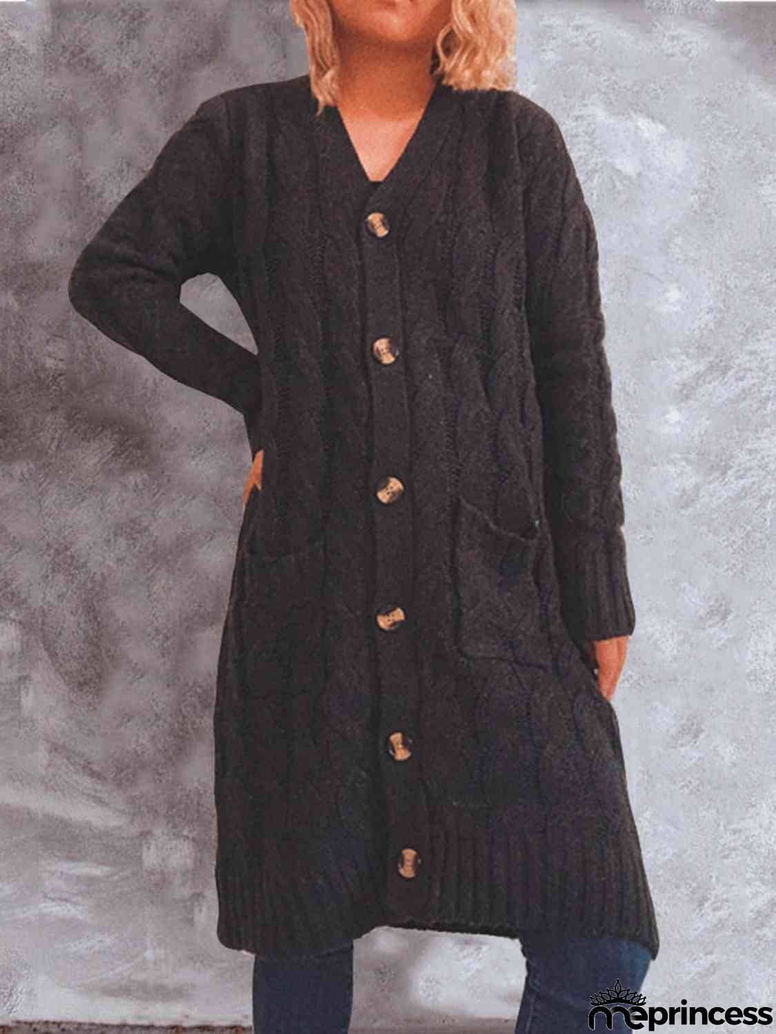 Button Up Cable-Knit Cardigan with Pockets