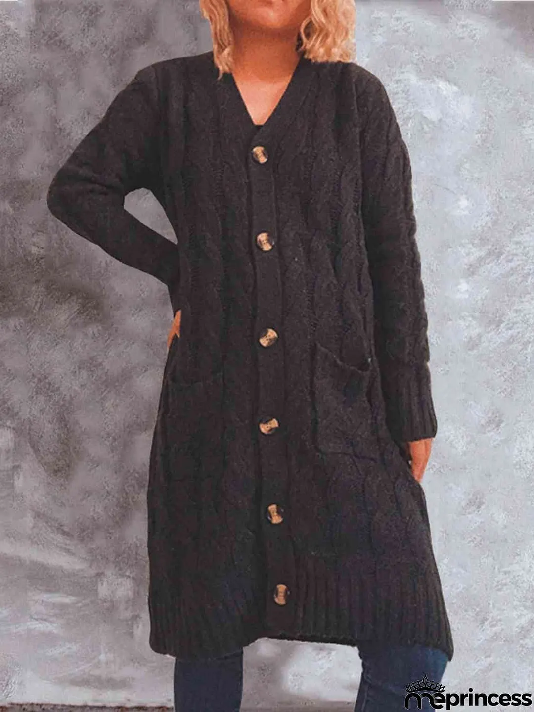 Button Up Cable-Knit Cardigan with Pockets