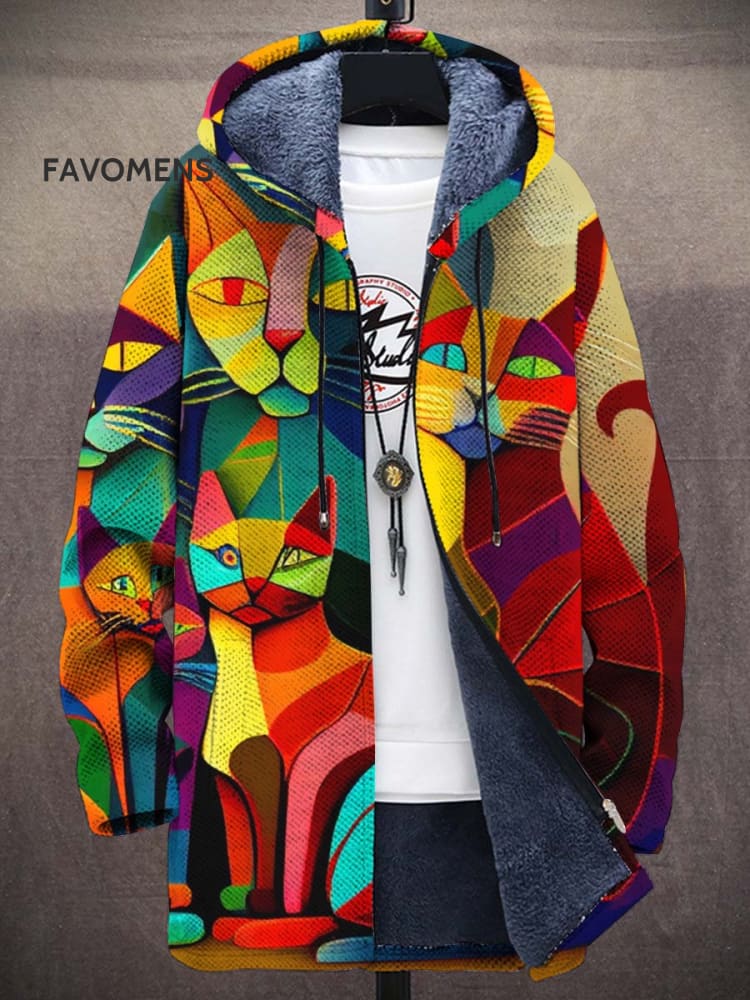 Unisex Abstract Art Cat Print Plush Thick Long-Sleeved Sweater Coat Cardigan Multicolor / S