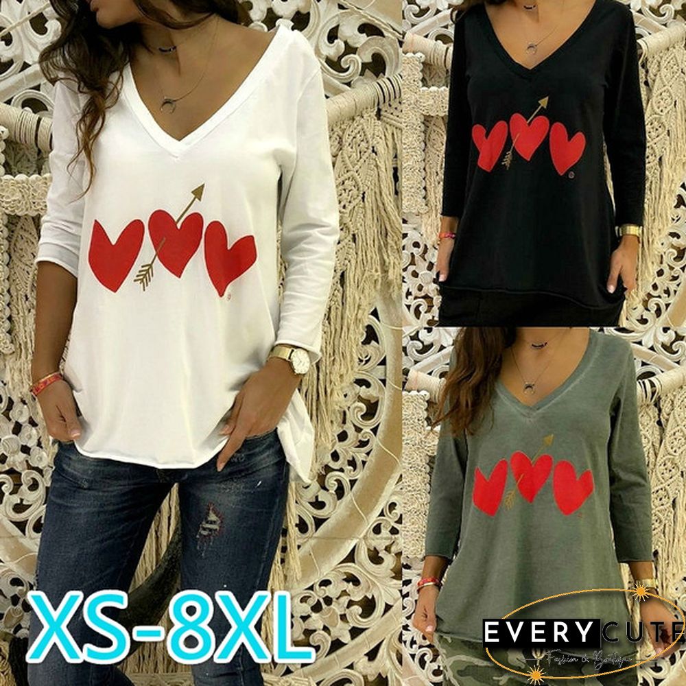 3 Color Women's Fashion Heart Print Long Sleeve V-neck T-Shirts Cotton Tee Cute Female Blouse Casual Tops XS-8XL