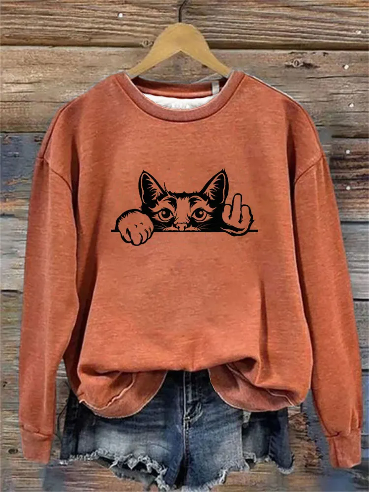 Women's Casual Funny Black Cat Print Sweatshirt