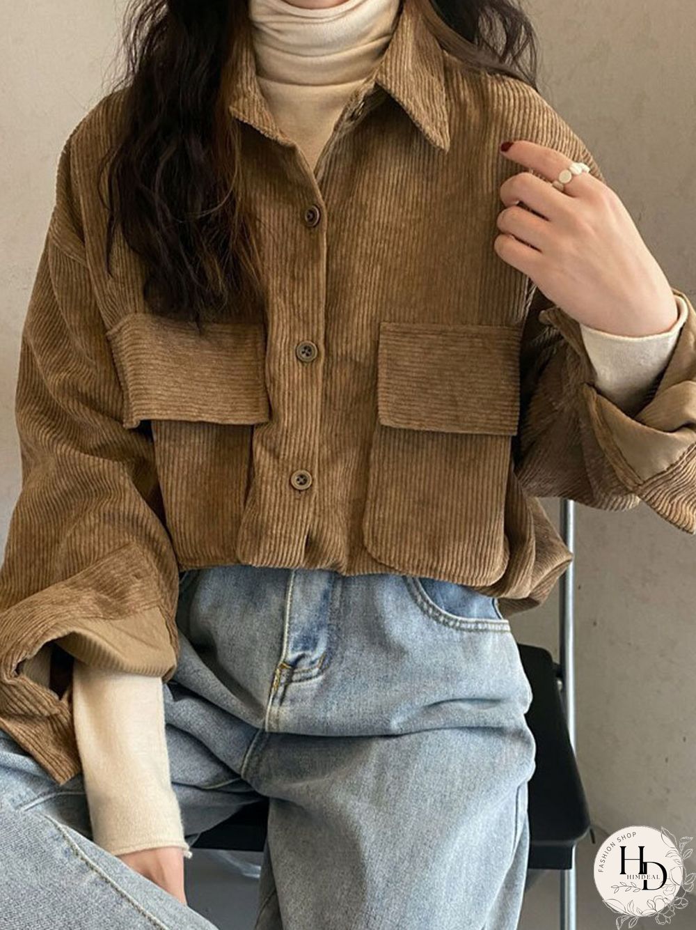 Corduroy Solid Pocket Button Long Sleeve Loose Lapel Jacket