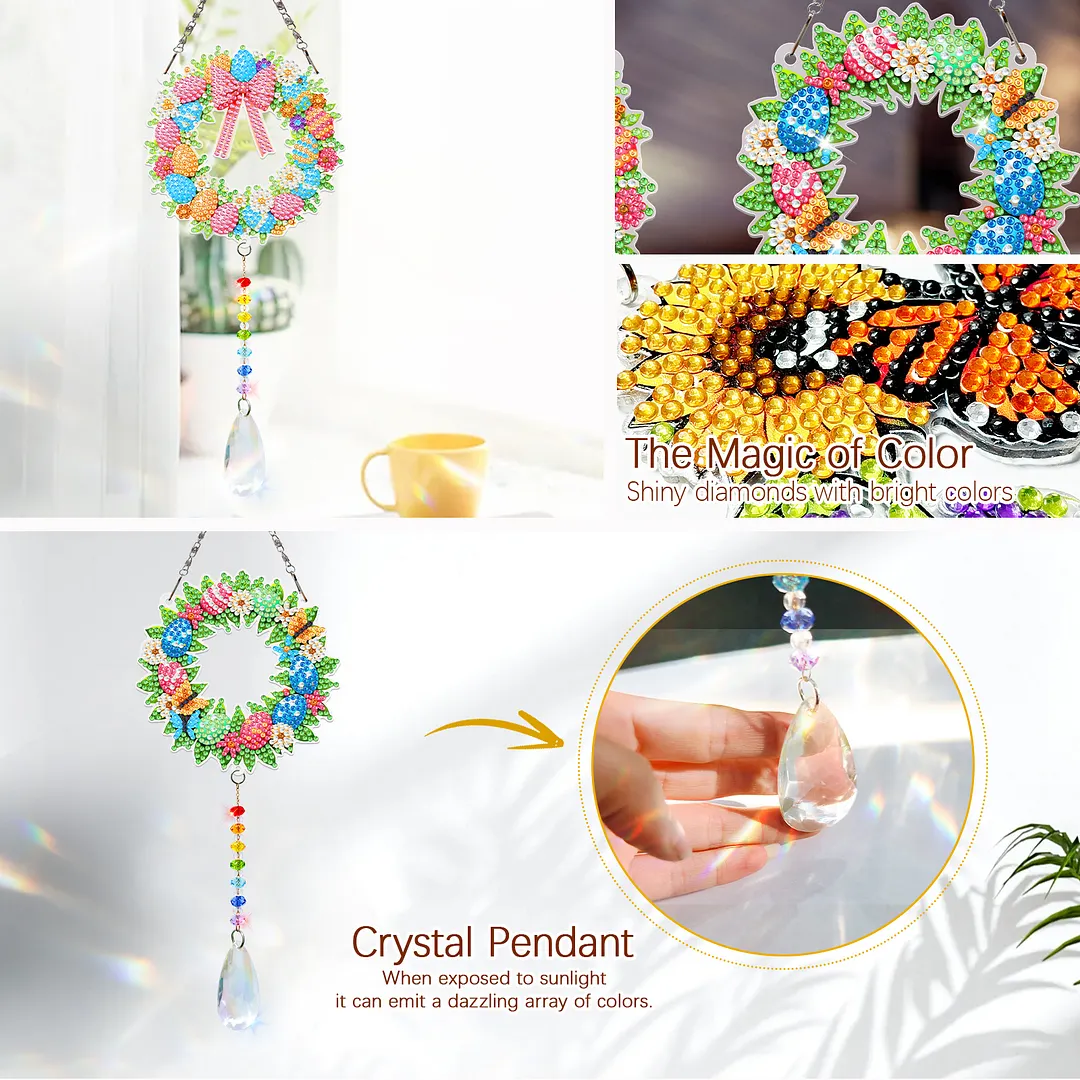 2Pcs Wreath DIY Acrylic Diamond Painting Art Wind Chimes with Crystal Pendant Diamond Art Hanging Pendant Double-Sided for Adults Beginners Gift Home Garden Decor