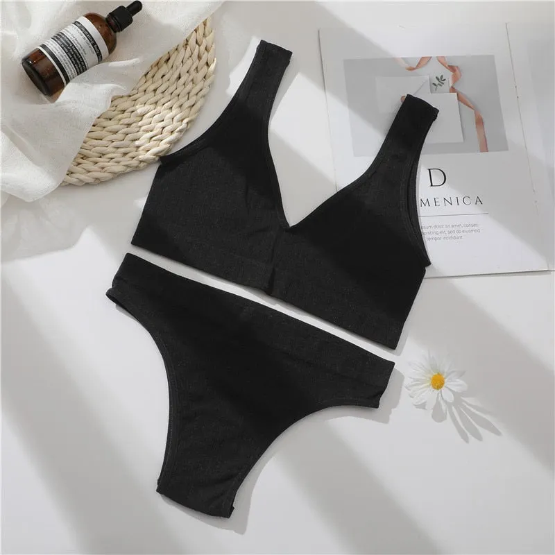FINETOO Women Seamless Bra Underwear Set Sexy Lingerie Tanks Top+ Brazilian Pantys Fitness Active Sports Push Up Brassiere Sets