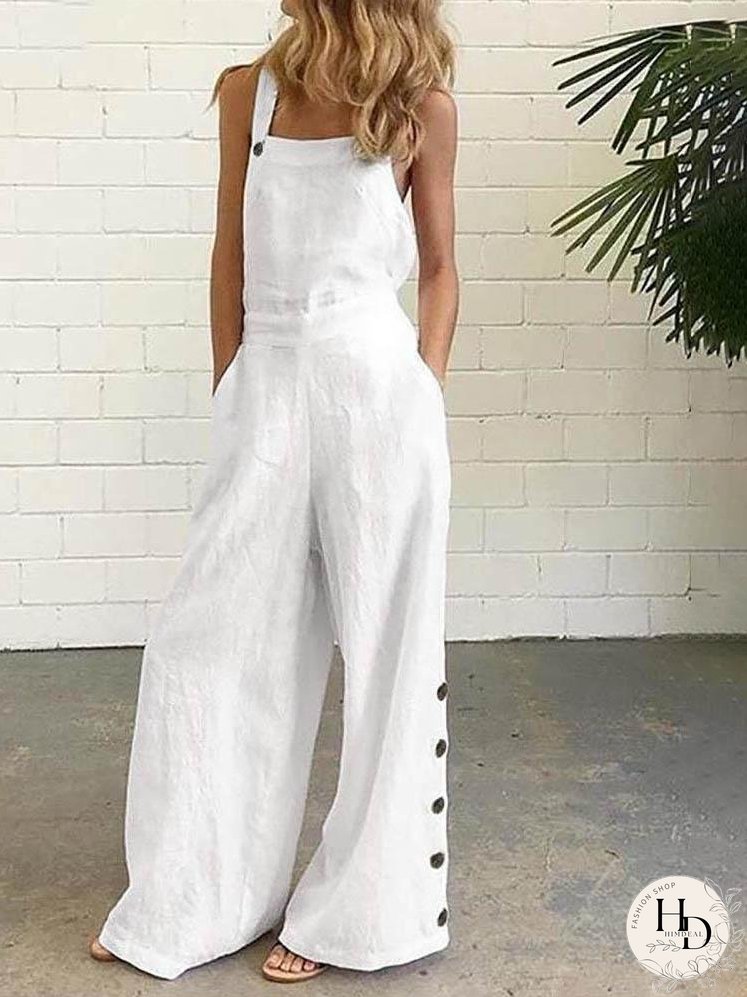 Buttoned Pocket Design Wide Leg Suspender Jumpsuit