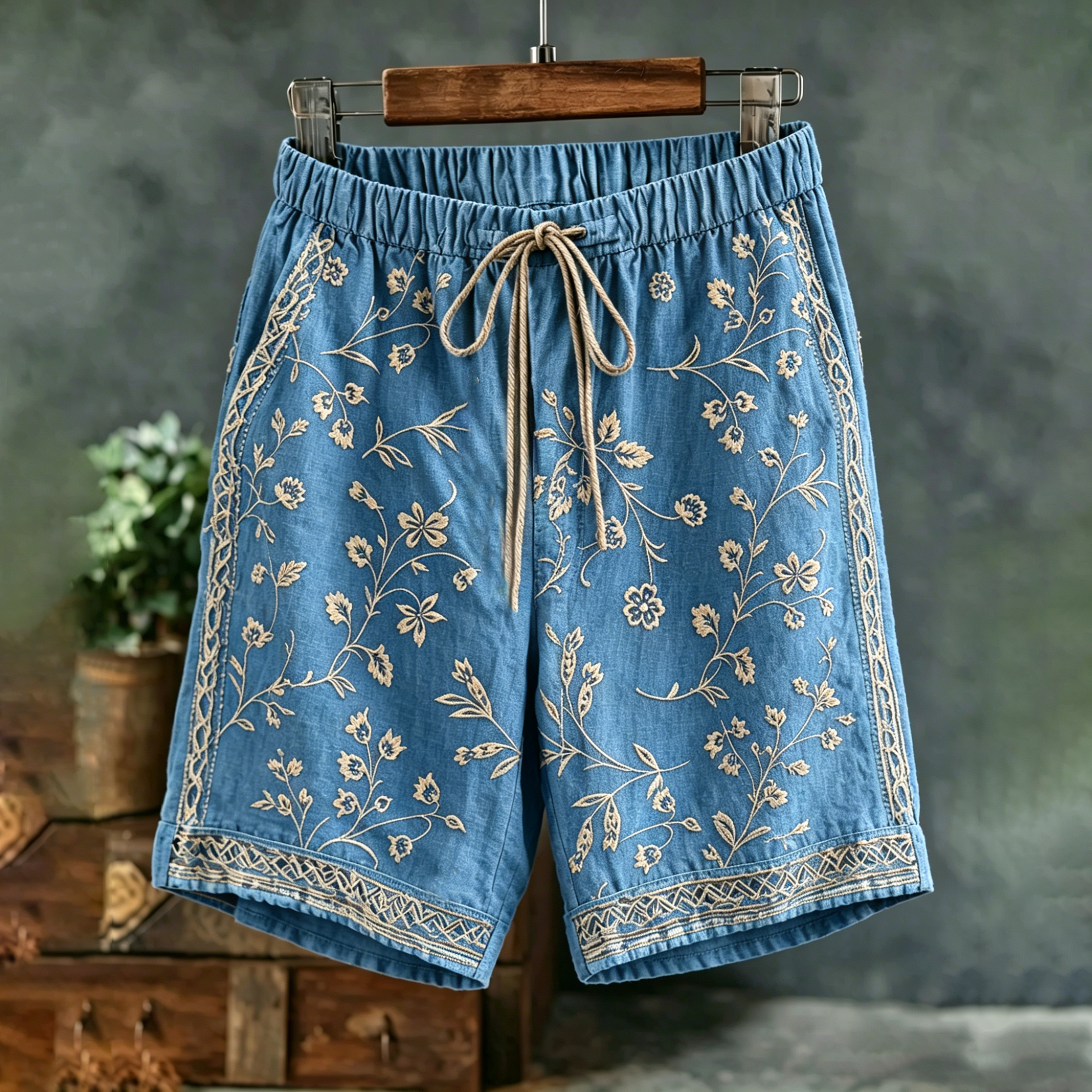 Comstylish Men's Spring Floral Embroidered Art Print Flowy Linen Blend Casual Shorts
