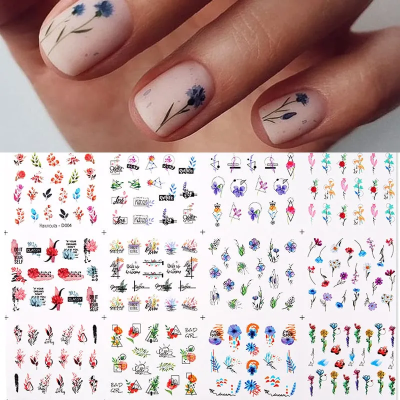 12Pcs Flower Leaf Geometric Lines Water Decals Spring Floral Butterfly Transfer Sliders Paper For Nails Decoration Manicures