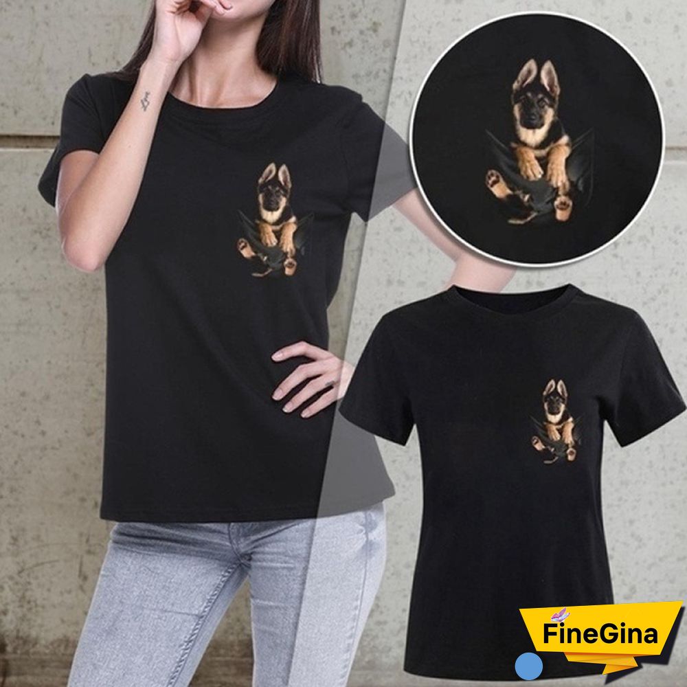Unisex Funny Dog 3D Printed Cute T-Shirt Black German Shepherd In Pocket Cotton Tops