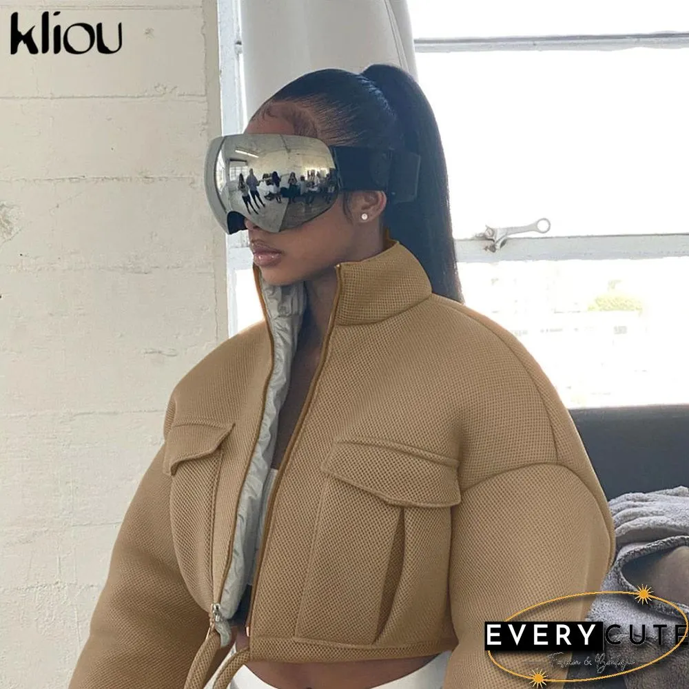 Kliou Mesh Plaid Autumn Spring Coat Women Trend Turtleneck Zipper Pocket Crop Jacket Solid Slim Drawstring Female Outerwear Hot