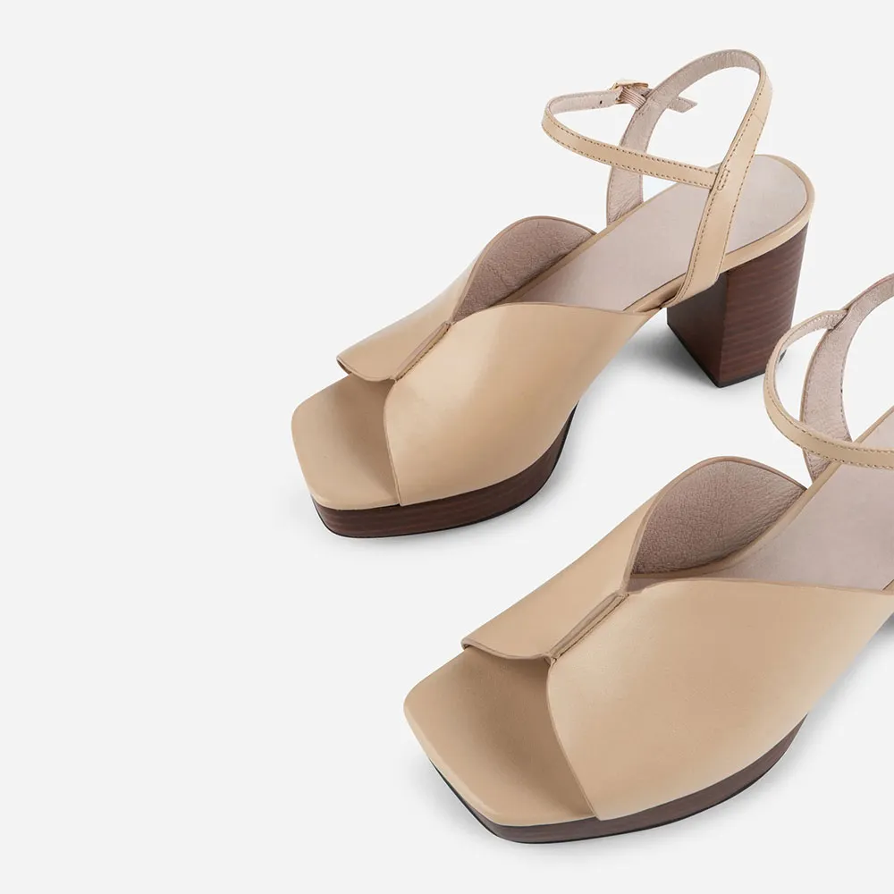 Khaki Square Toe Ankle Strap Platform Chunky High Heeled Sandals