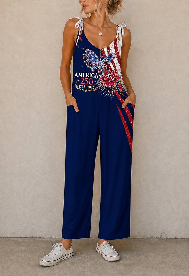 Women&rsquo;s Floral American Flag Suspender Jumpsuit