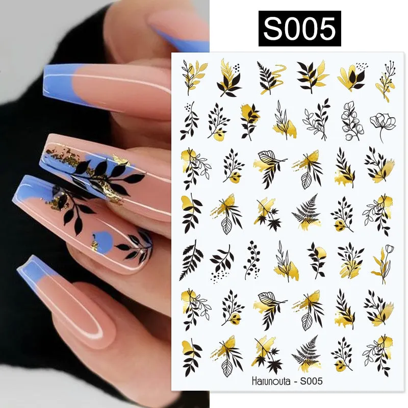 Harunouta Gold Flower Leaves Water Decals Slider Lines Geometrics Spring Summer Nail Art Transfer 3D Stickers DIY Watermarks-Nail Inspo