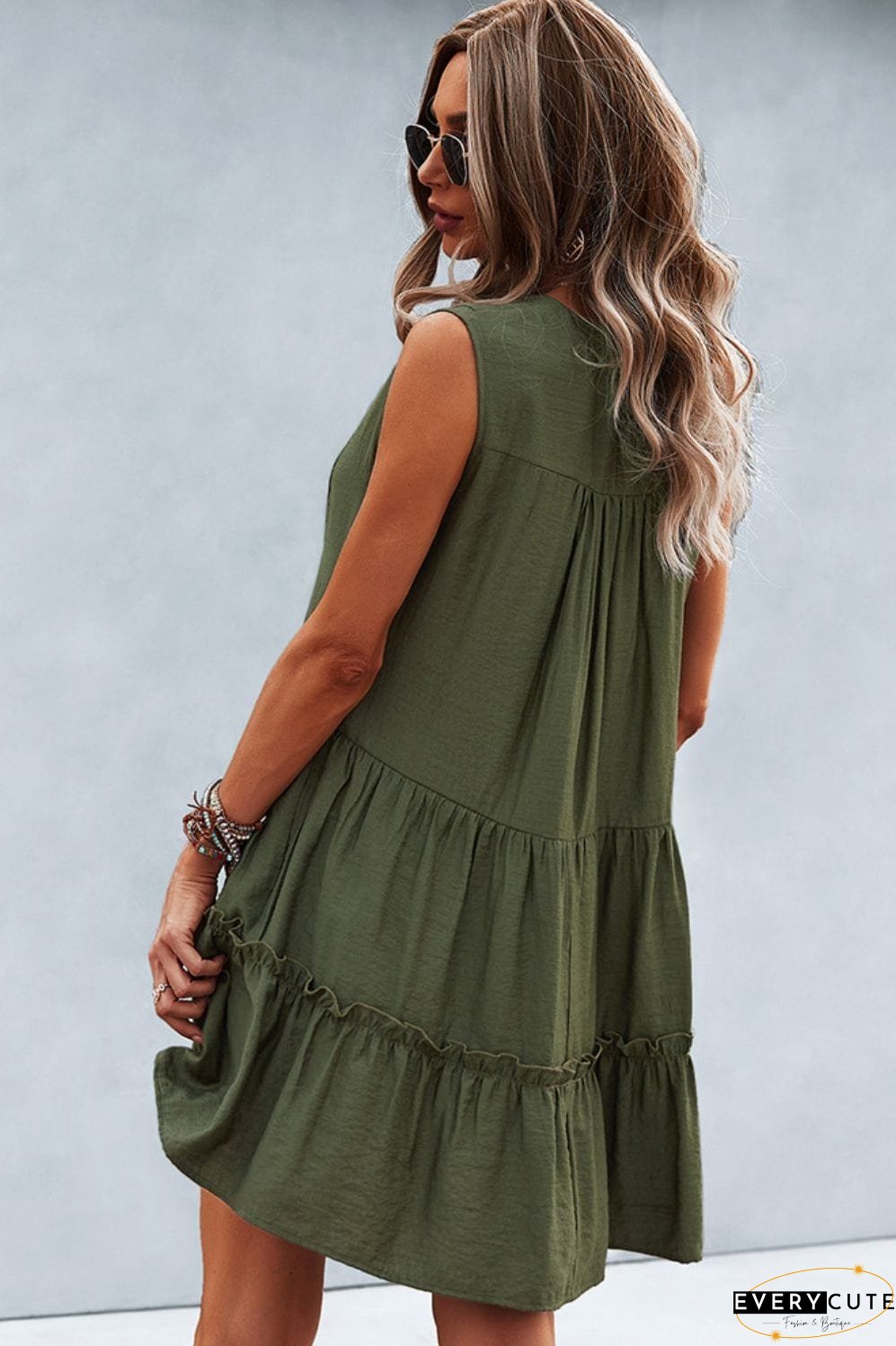 Frill Trim Notched Sleeveless Tiered Dress