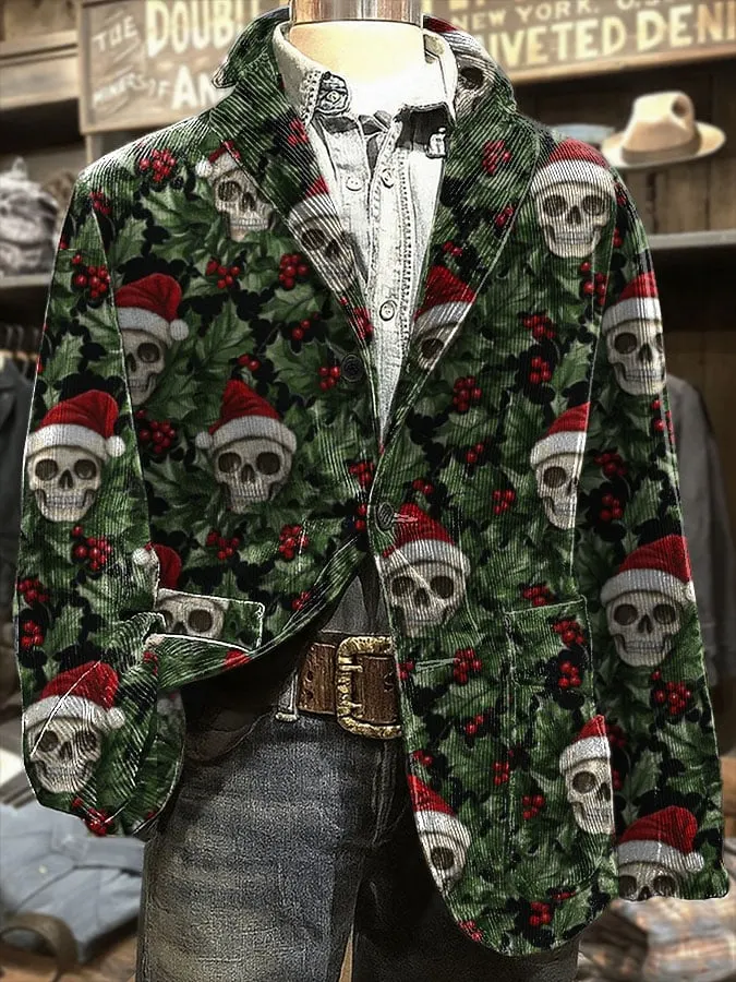 Men's Retro Christmas Holly Skull Print Casual Blazer 