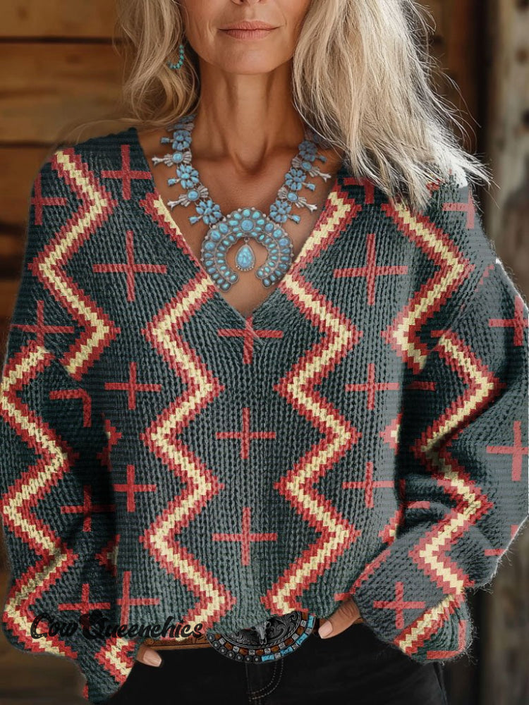 Women&rsquo;s Vintage Print Casual V-Neck Pullover Knit Multicolor / M
