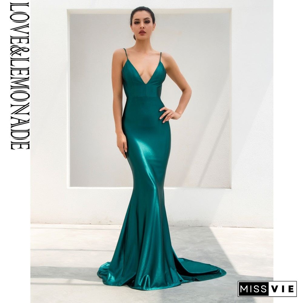 Love&Lemonade Green Deep V-Neck Open Back Slim Flash Material Maxi Dress Lm81222