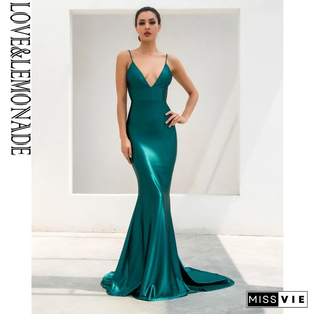 Love&Lemonade Green Deep V-Neck Open Back Slim Flash Material Maxi Dress Lm81222