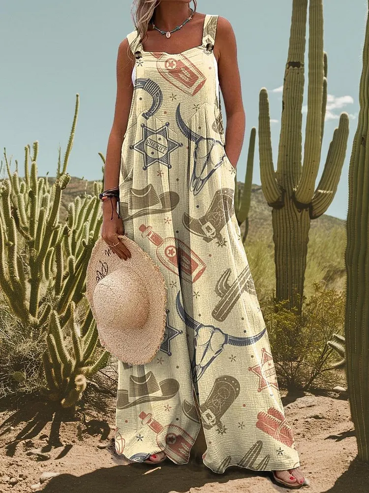 Women's Cowboy Print Casual Strap Wide Leg Pants