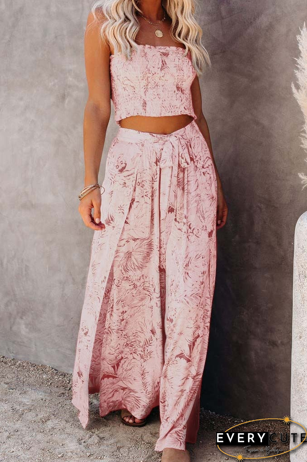 KarliDress Boho Style Floral Tank Top+Wide Leg Pants P12437