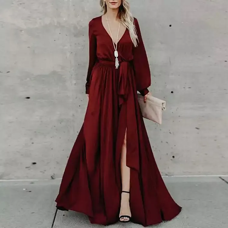 Elegant V-neck Long Sleeved Belt Maxi Dresses