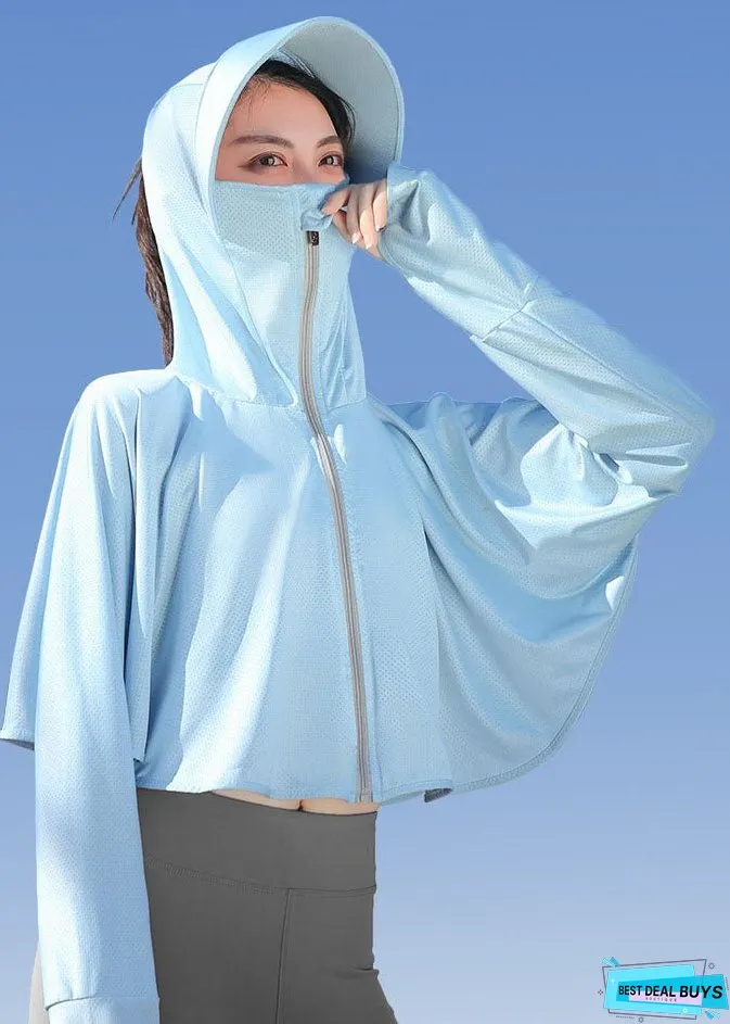 Unique Grey Hooded Zippered Patchwork Ice Silk UPF 50+ Coat Summer