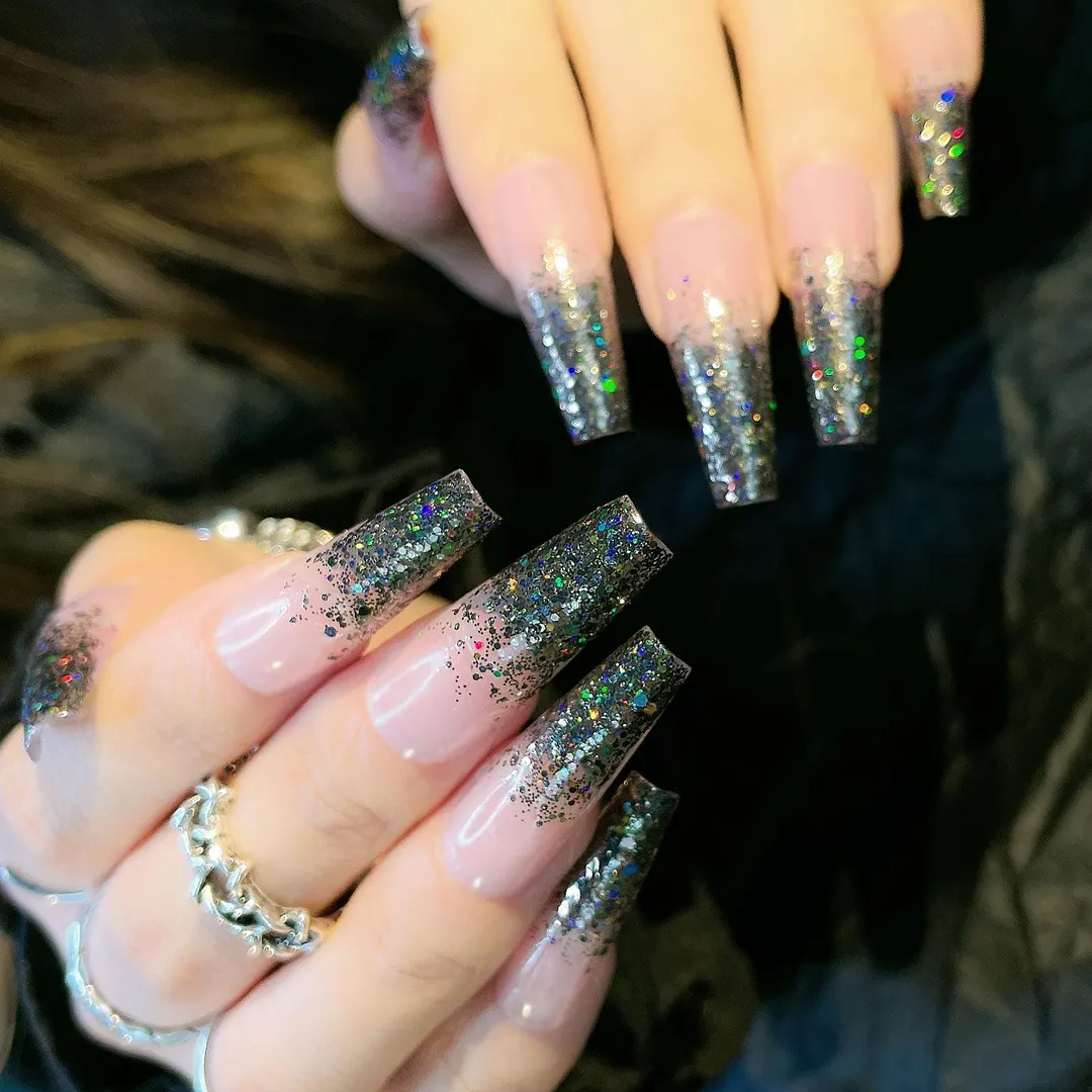 24pcs Extra Long Matte Fake Nails Ballerina Coffin Dark Blue Colorful Rhinestone Decals False Nails with designs Nail Art-Nail Inspo