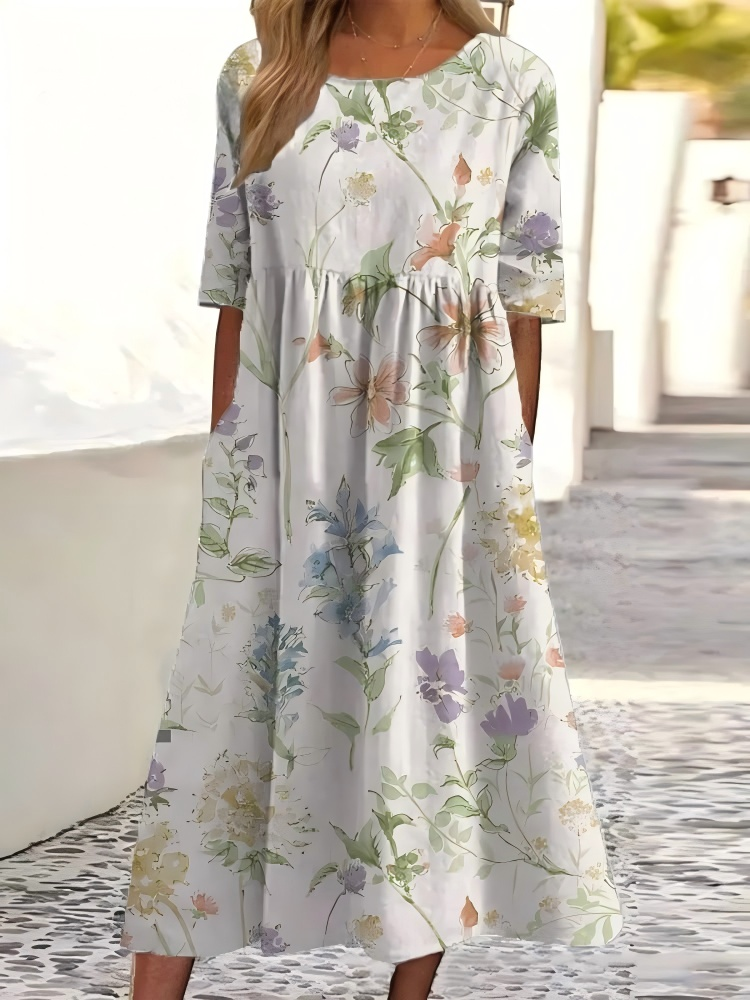 Vintage Floral Print Round Neck Pocket Midi Dress