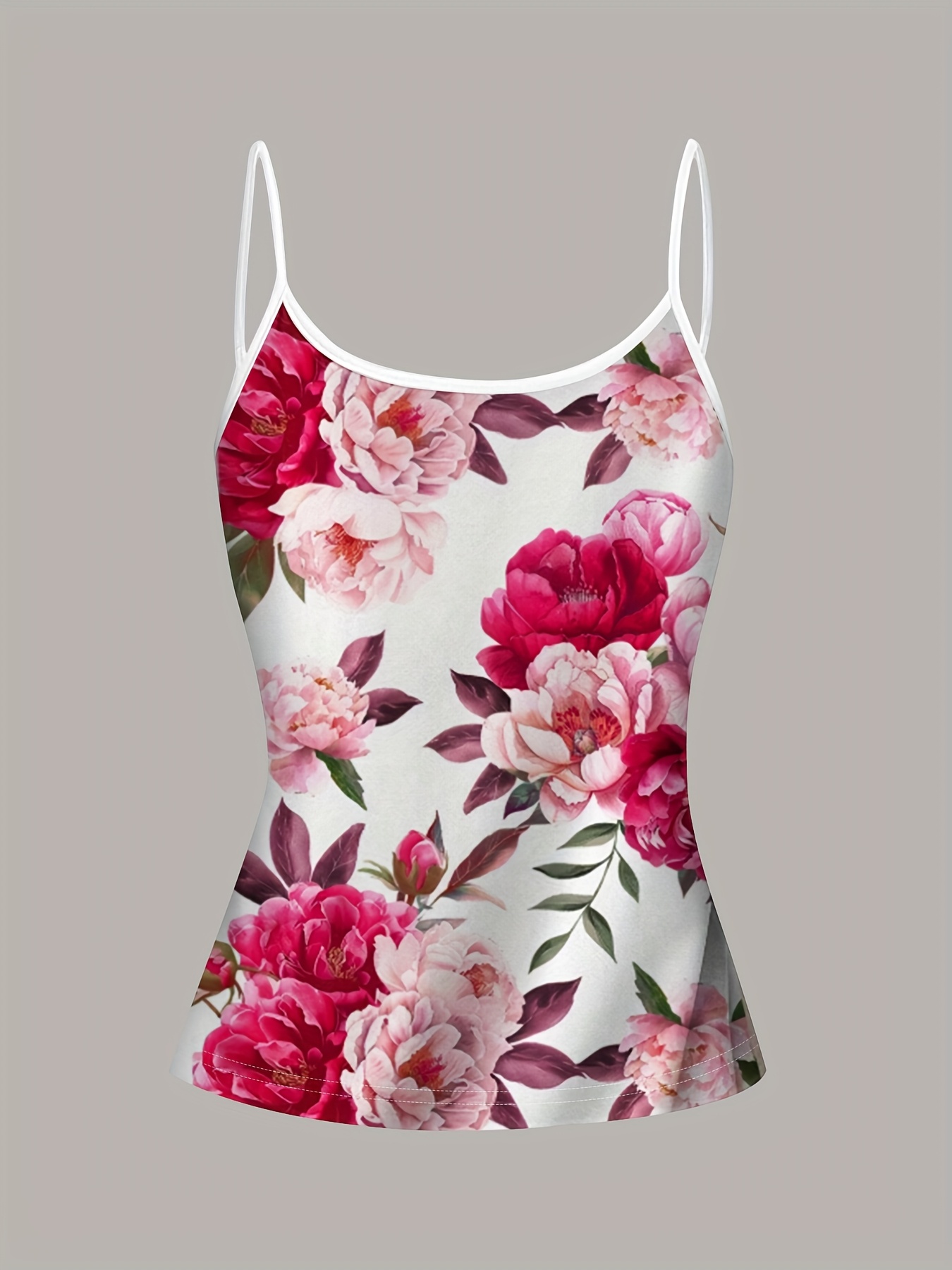 Elegant Floral Print Spaghetti Strap Tank Top For Women - Sleeveless, Summer-Friendly, White With Pink And Purple Flowers, Polyester, Casual Wear | Floral Print Top | Polyester Fabric | IFYHOME