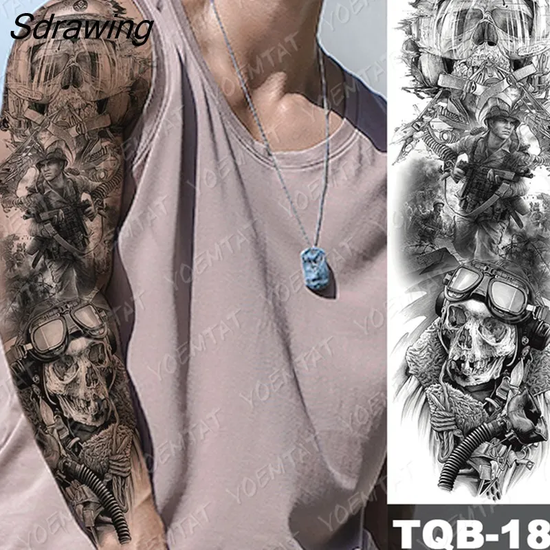 Sdrawing Arm Sleeve Tattoo Tiger Lion Wolf Owl Waterproof Temporary Tatto Sticker Crown Warrior Body Art Full Fake Tatoo Men Women