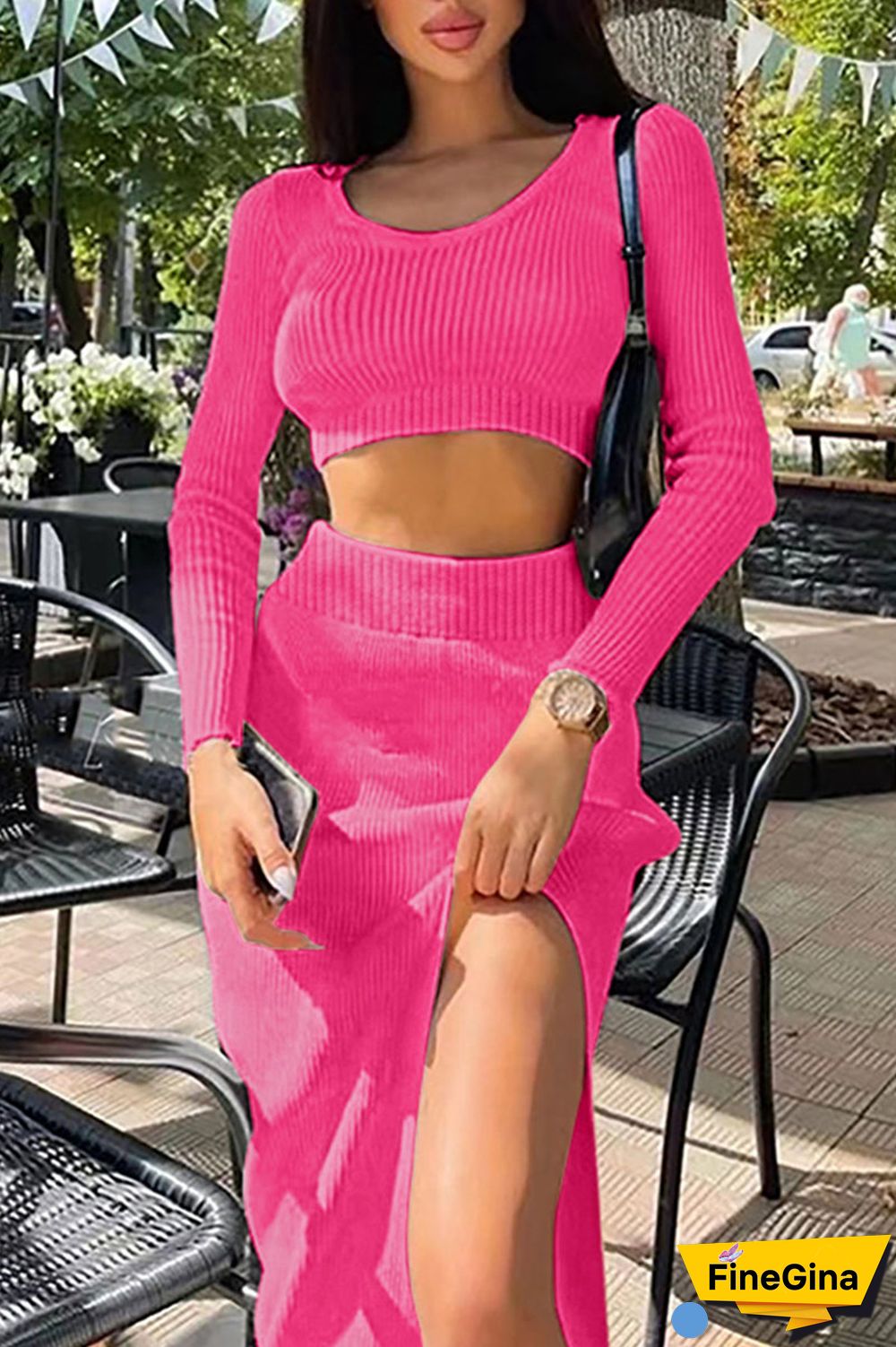 White Sexy Solid Patchwork Slit U Neck Long Sleeve Two Pieces