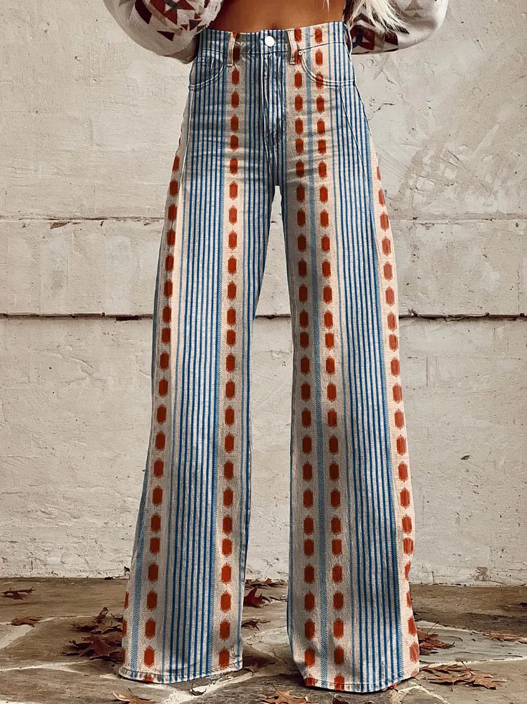 Women's Blue and Red Stripes Print Casual Wide Leg Pants
